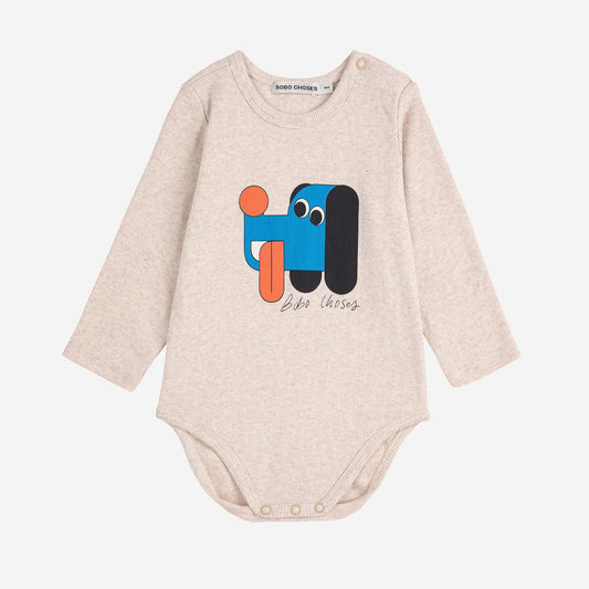 Beige baby bodysuit with colorful dog design on a white background