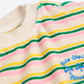 Close-up of a sweater with colorful stripes and a brand logo on a white background