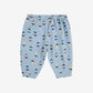 Light blue children's pants with colorful pattern on a white background