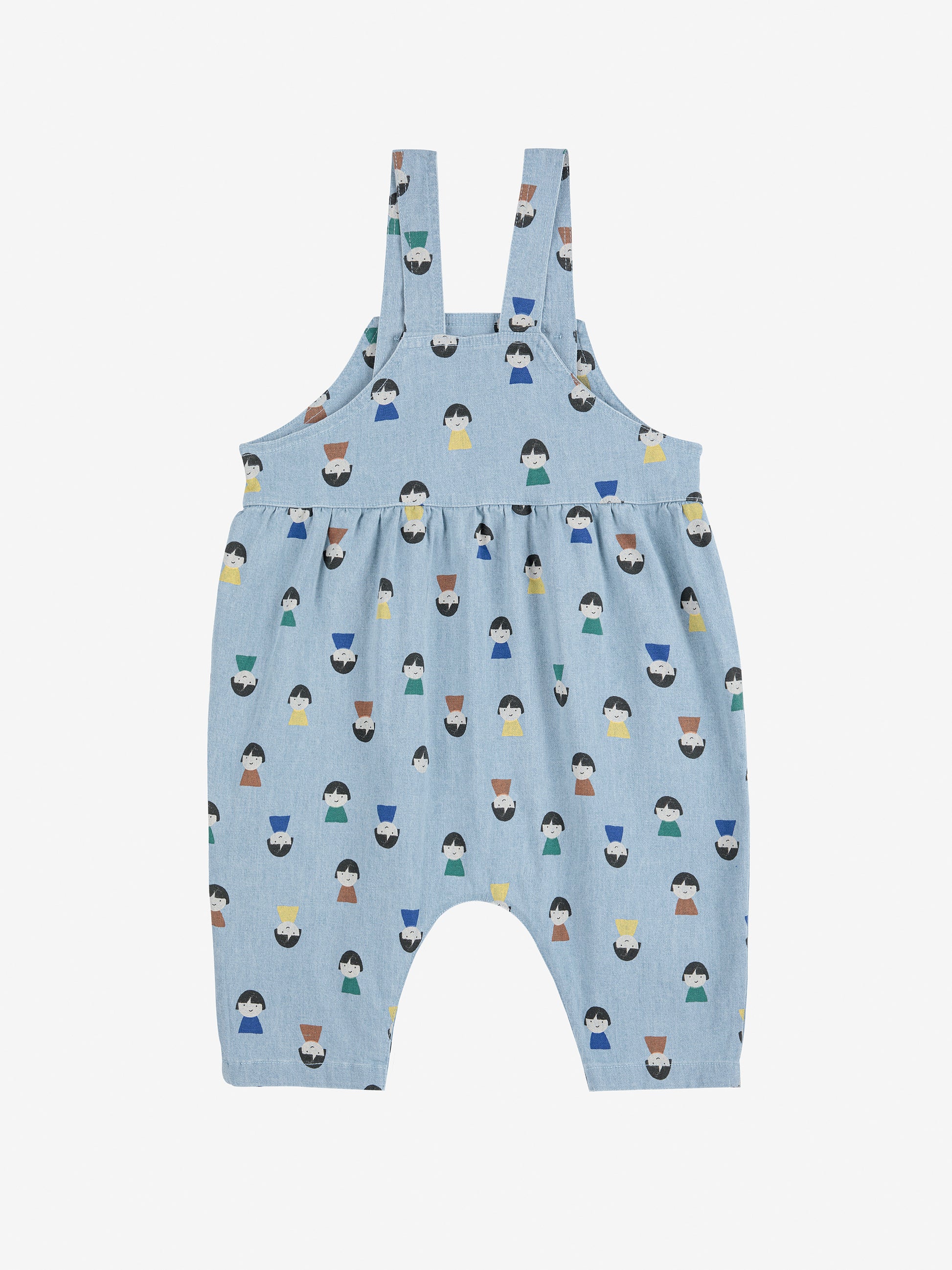 Blue children's overalls with colorful pattern on a white background