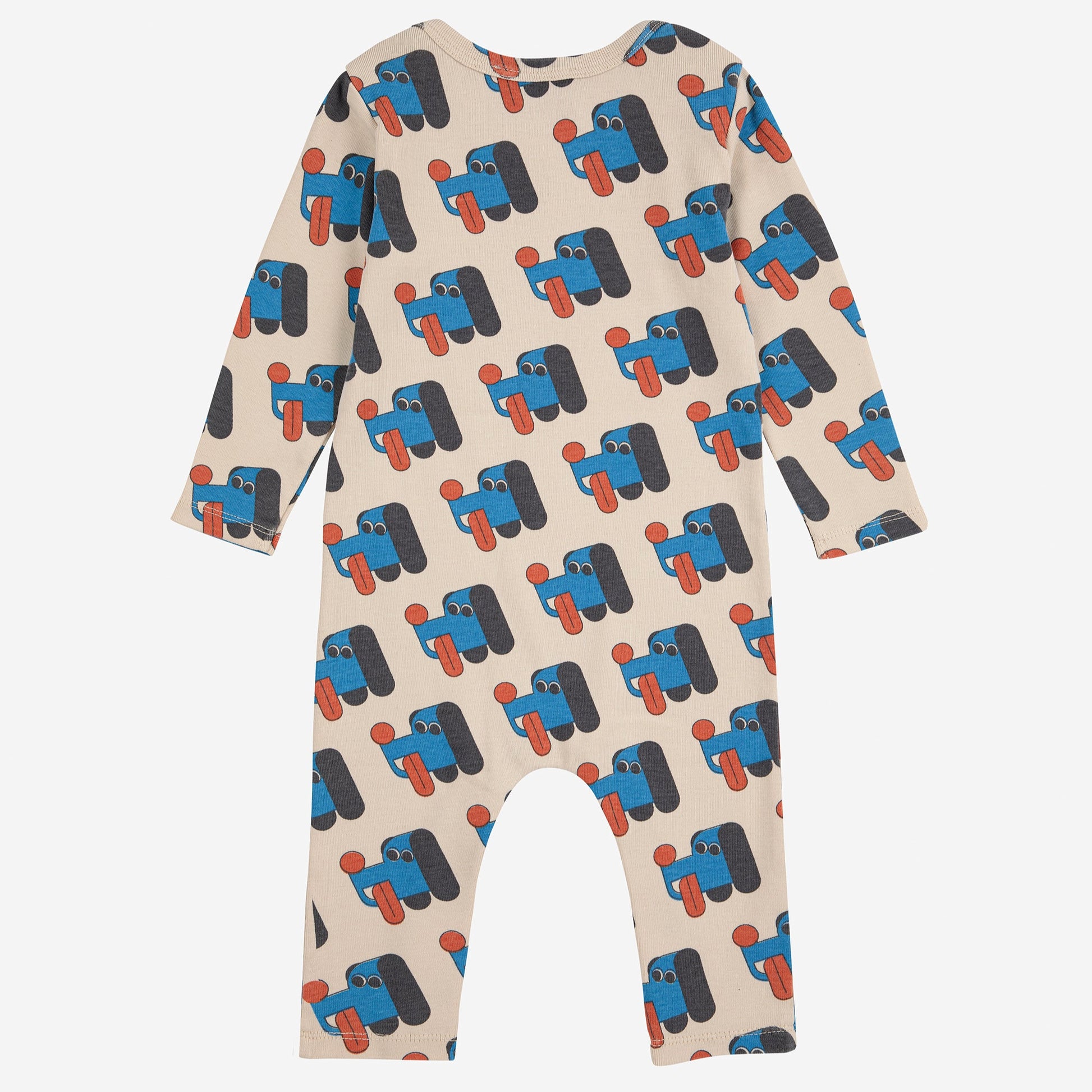 Children's romper with blue dog pattern on a beige background