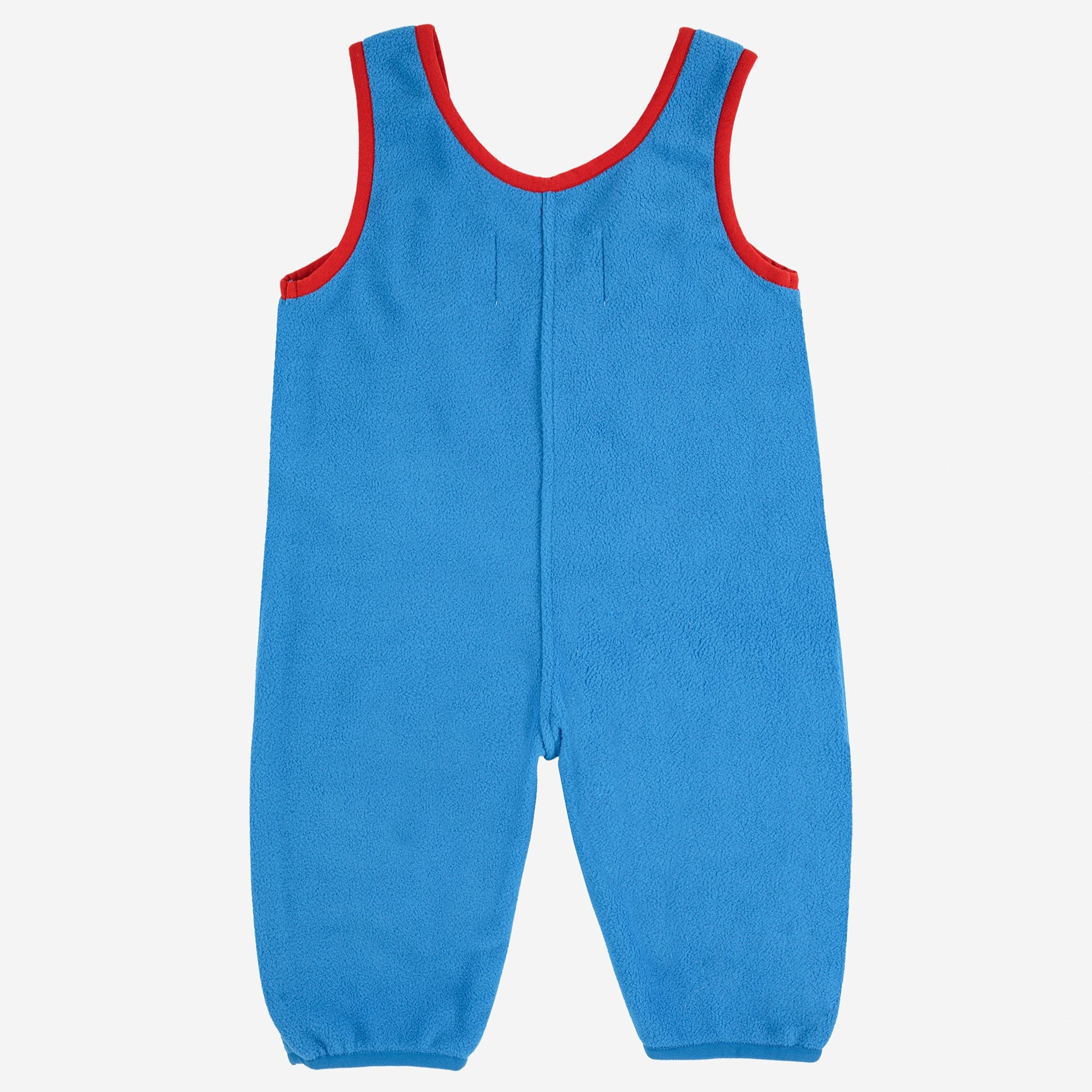 Blue overalls with red trim on a white background