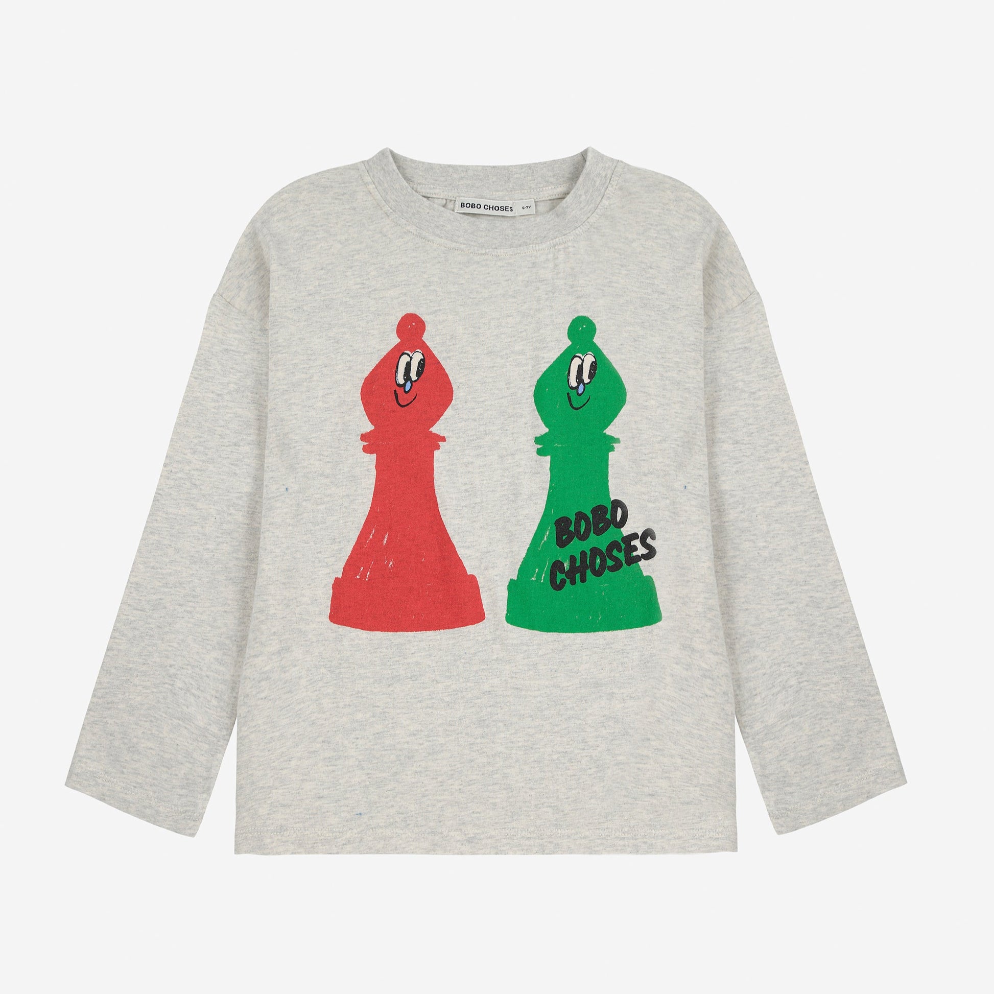 Gray long-sleeve shirt with red and green chess piece graphics on a white background