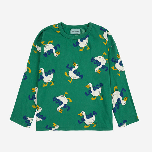 Green long-sleeve shirt with duck pattern on a white background