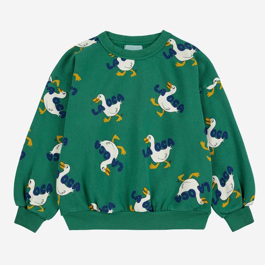 Green sweatshirt with duck pattern on a white background
