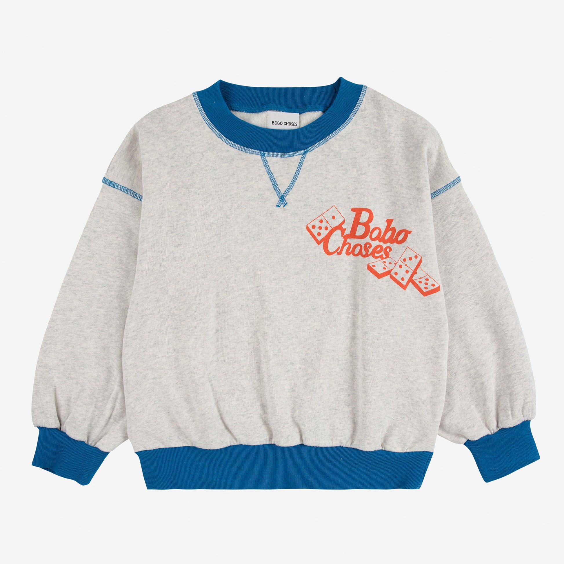 Gray sweatshirt with blue accents and red text on a white background