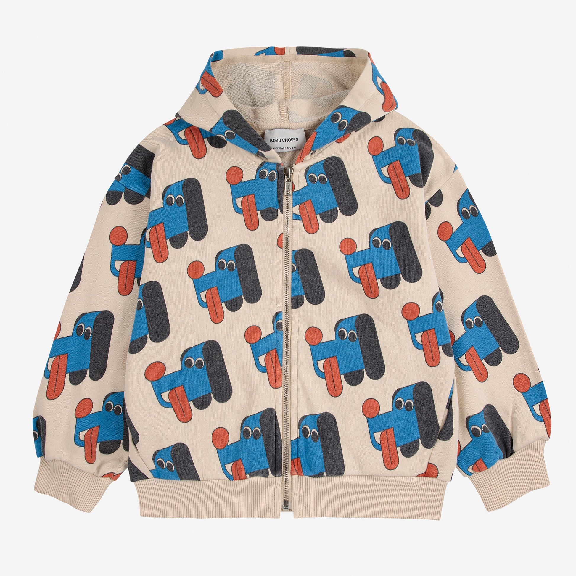Children's hoodie with blue and red truck pattern on a beige background