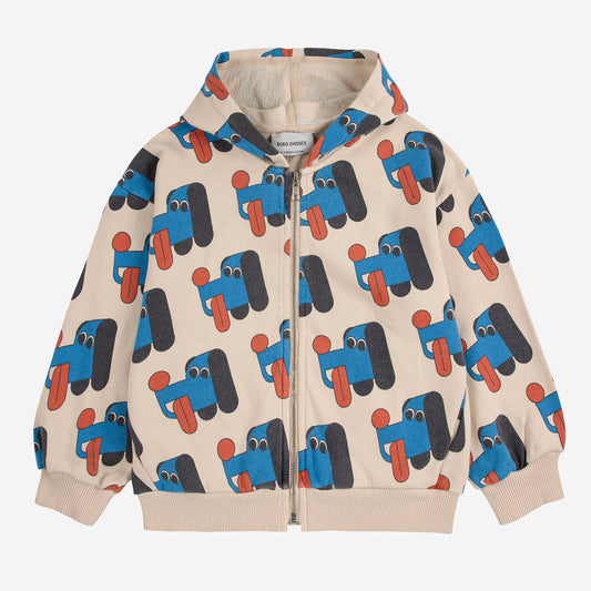 Children's hoodie with blue and red truck pattern on a beige background
