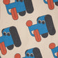 Pattern of blue dogs with red noses and black ears on a beige background