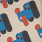 Pattern of blue dog faces with red noses on a beige background