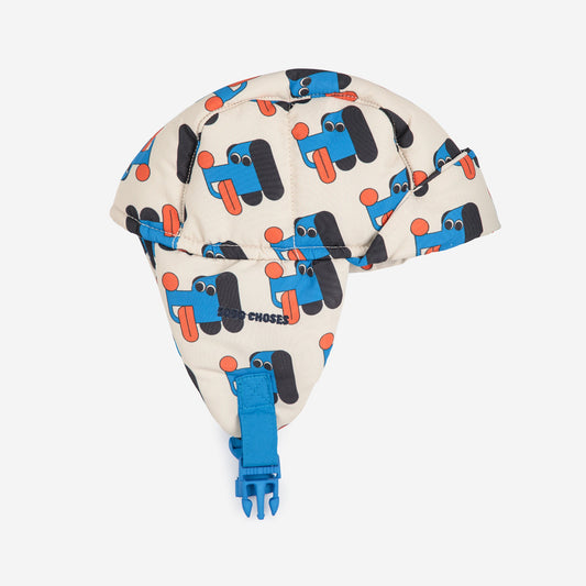 Baby helmet with blue and red car pattern on a white background
