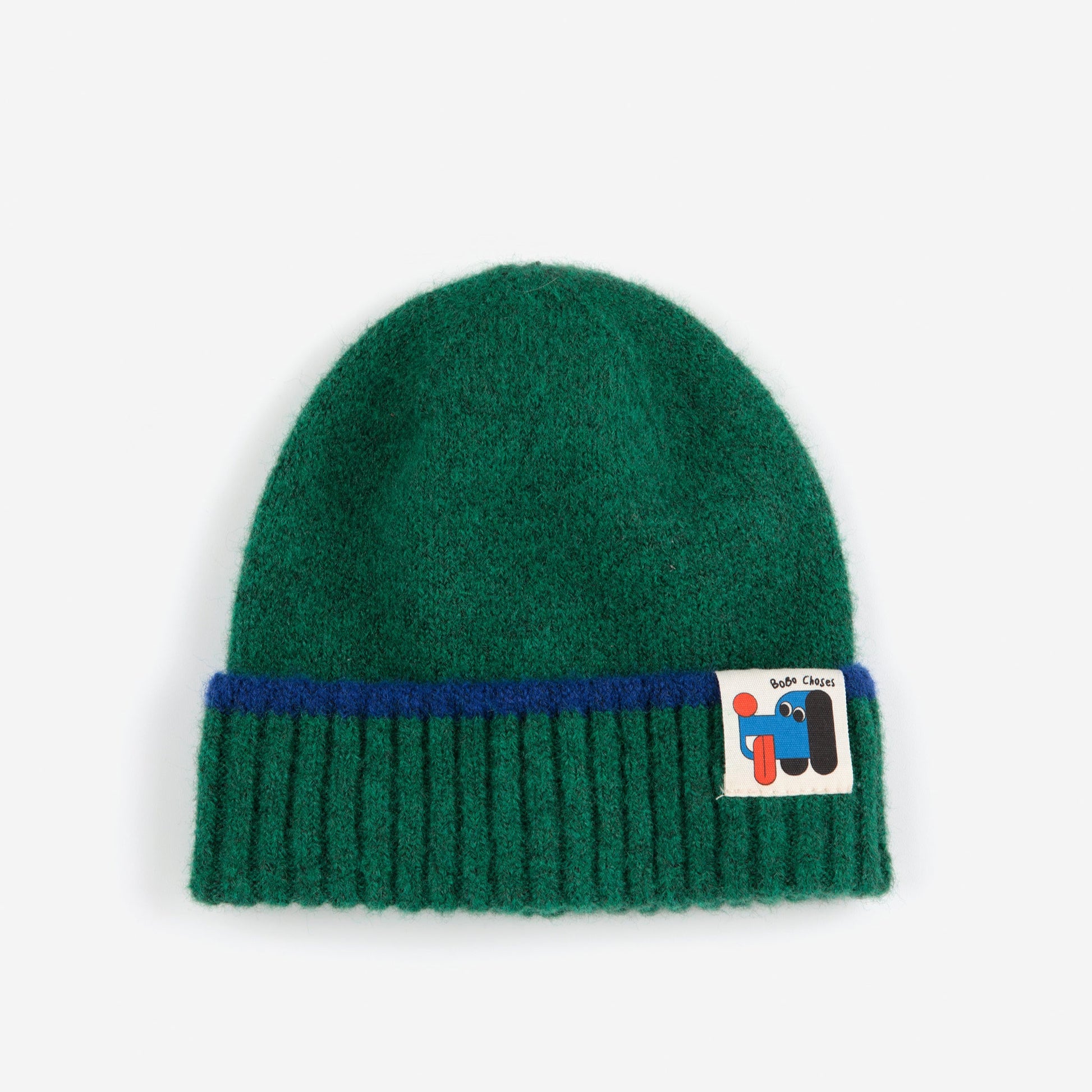 Green beanie with a blue stripe and a logo on a white background