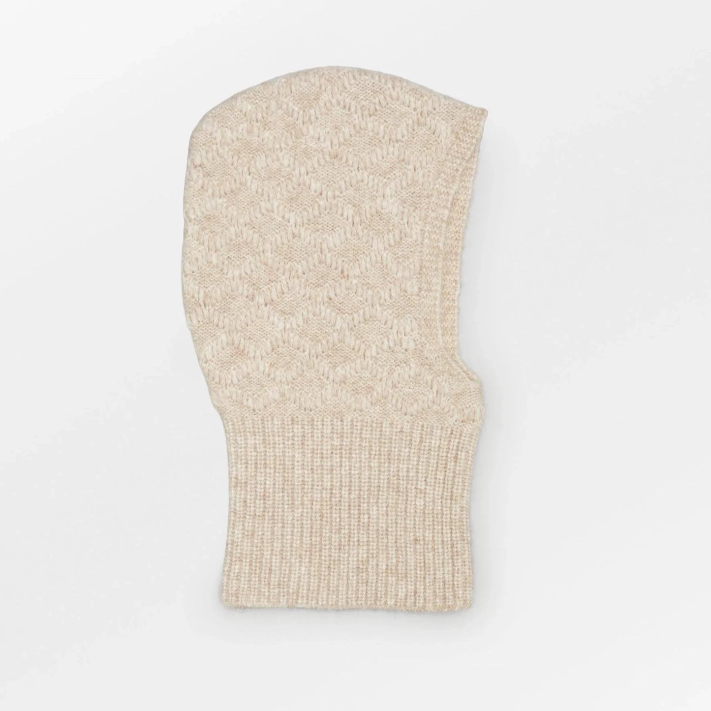 Becksöndergaard Cable Balaclava in Birch White, crafted from a blend of alpaca, wool, and polyamide. The cozy balaclava features an intricate cable knit design and is displayed on a neutral background, highlighting its elegant appearance.