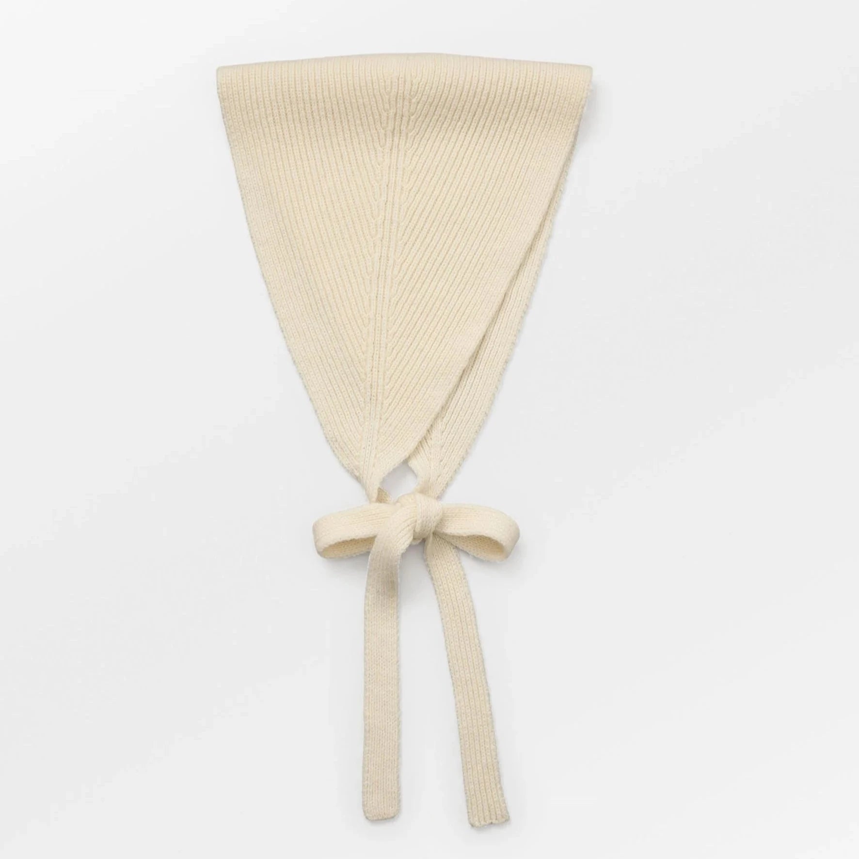 Becksöndergaard Birch White Woona Headscarf, a modern wool headscarf resembling a stylish bonnet, providing warmth and elegance for winter outfits.