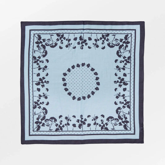 Becksöndergaard Vilja Cotta Scarf, 100% cotton, small square scarf in blue, 55x55 cm, versatile accessory for neck, belt loop, or bag styling. Laid flat