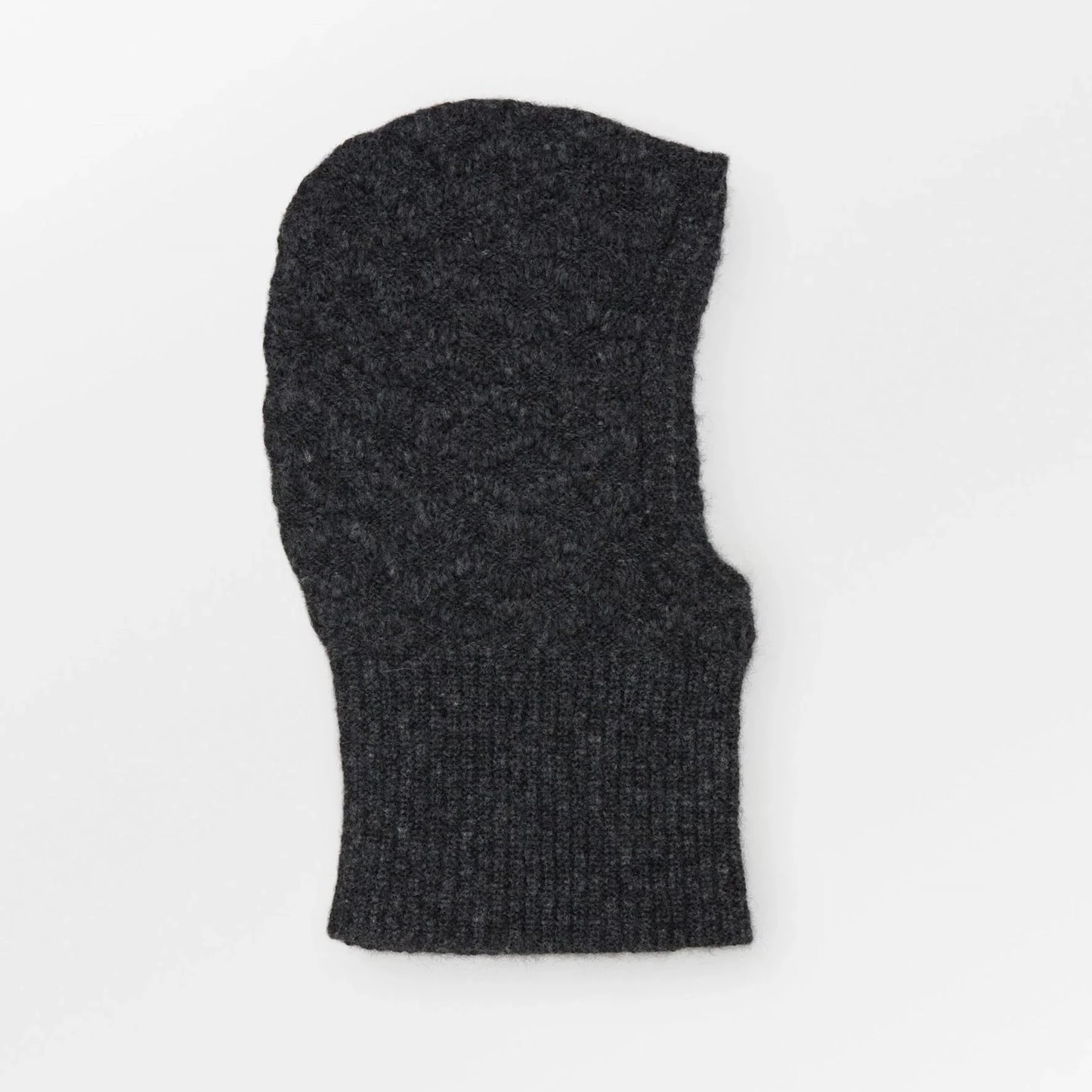 Becksöndergaard Cable Balaclava made from a blend of alpaca, wool, and polyamide. The cozy balaclava features a stylish cable knit design and is displayed in dark grey on a neutral background, showcasing its elegant appeal.