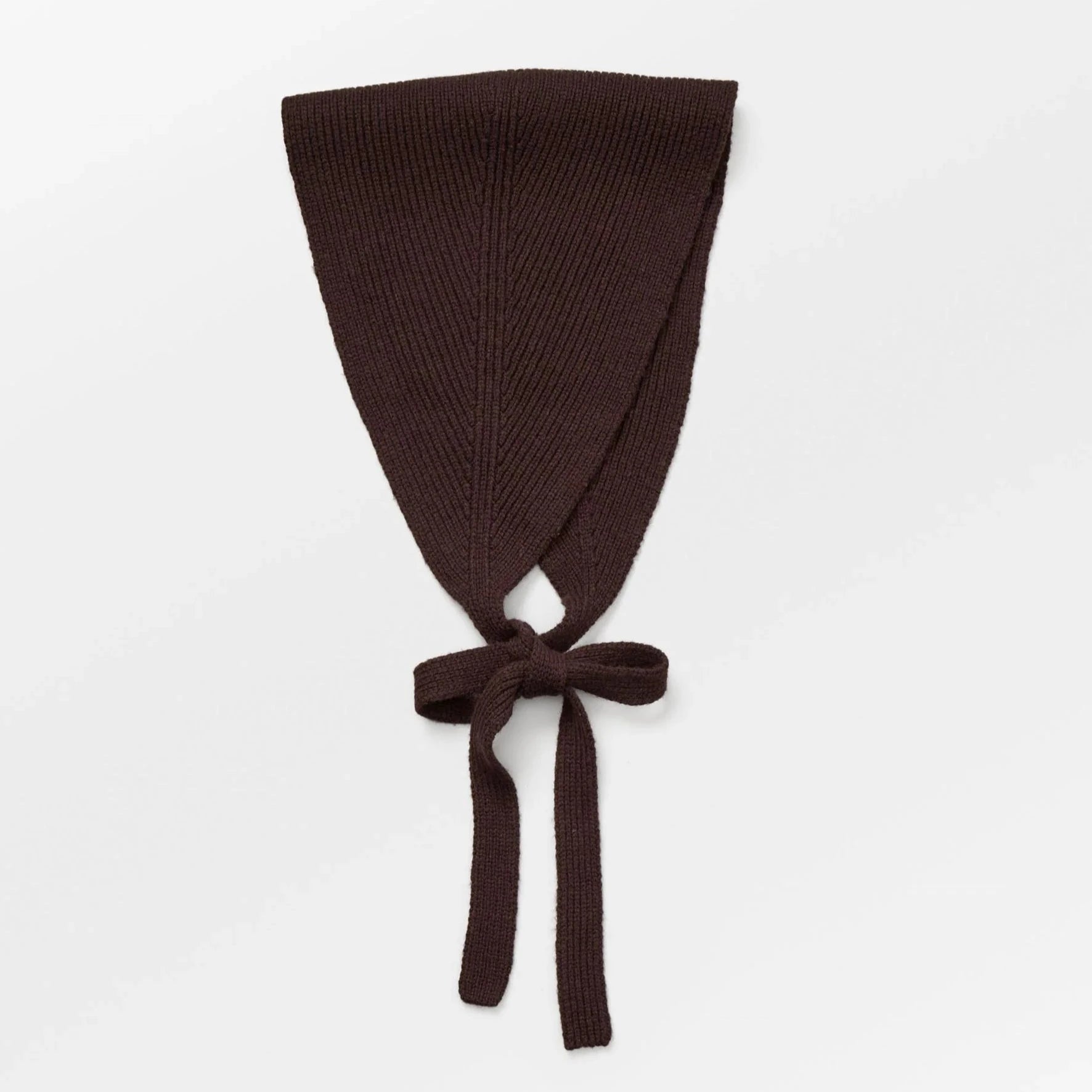 Becksöndergaard Hot Fudge Brown Woona Headscarf, a chic wool headscarf resembling a stylish bonnet, providing warmth and elegance for winter outfits.