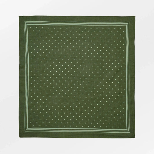 Kombu Green Devi Cotta Scarf by Becksöndergaard, a 55 x 55 cm polka-dotted scarf made of 100% cotton, perfect for styling around the neck, in a ponytail, or as a bag accessory.