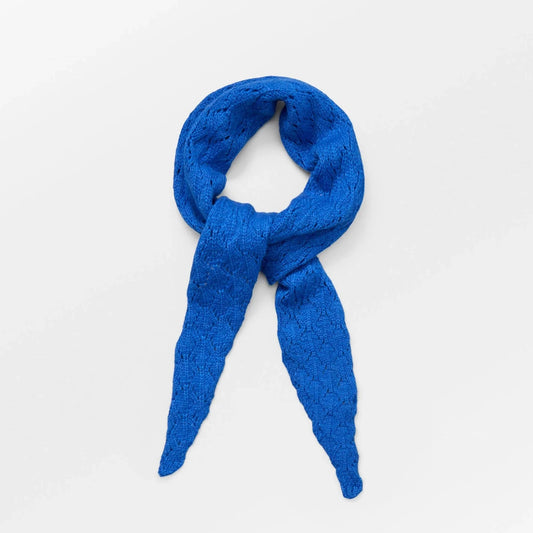 Lapis Blue Woona Opalia Scarf by Becksöndergaard, a 22 x 130 cm wool blend scarf (50% wool, 30% nylon, 20% acrylic) that can be styled around the neck, as a belt, or on a bag strap for added elegance.