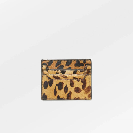 Becksöndergaard leopard-print leather card holder featuring a compact design with multiple card slots and a bold spotted pattern on textured leather