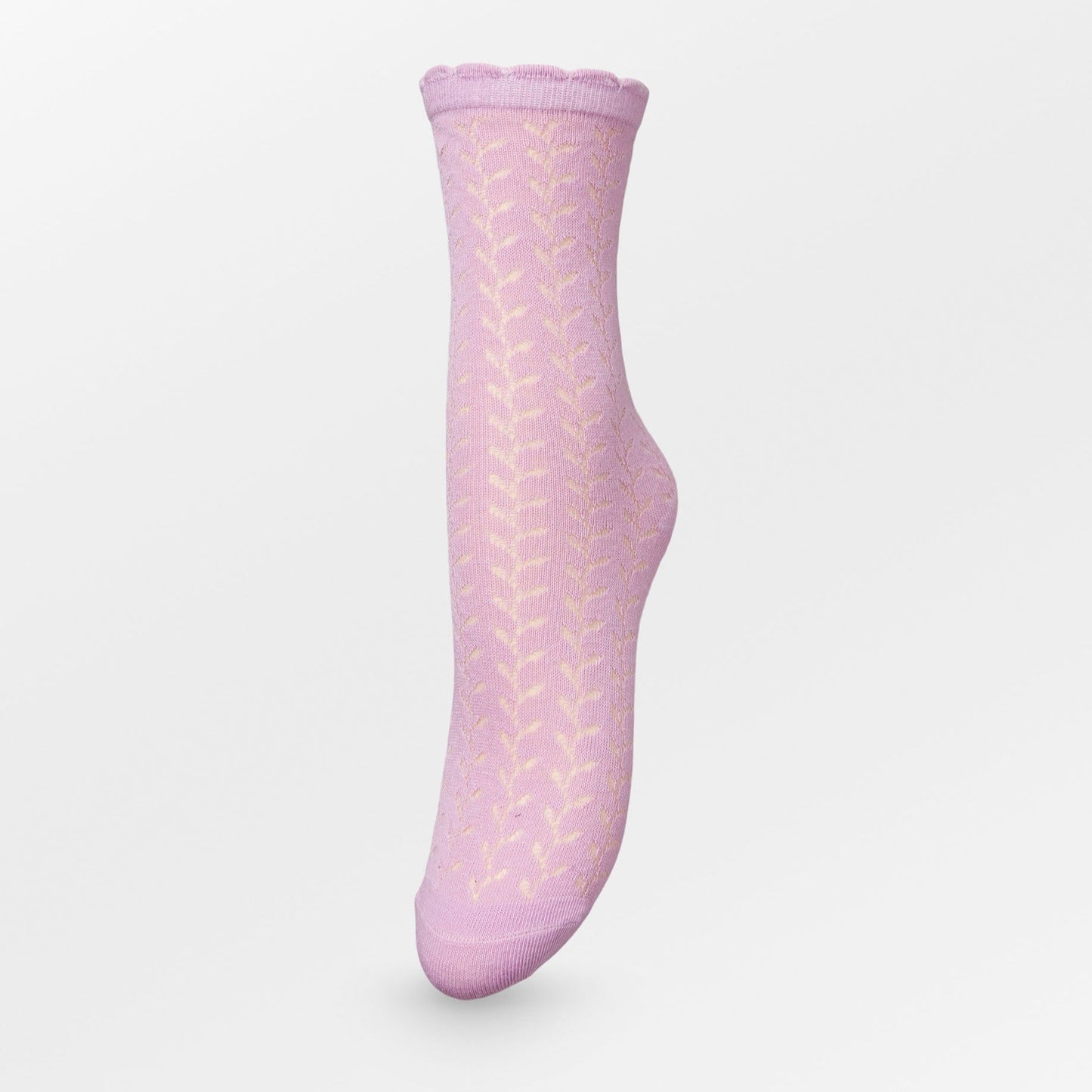 Becksöndergaard Leofa Cotta socks in Lilac Chiffon, showcasing delicate transparent details, a charming wavy edge, and a subtle glittery finish, displayed elegantly against a neutral backdrop