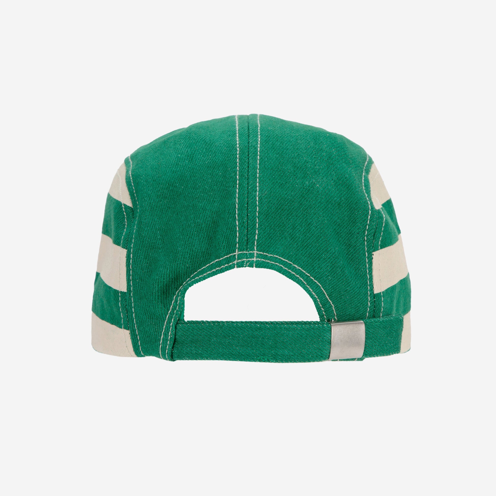 The back view of the green Bobo Choses cap, showing the adjustable strap with a metallic buckle and an open-back design. The cream stripes continue around the sides.