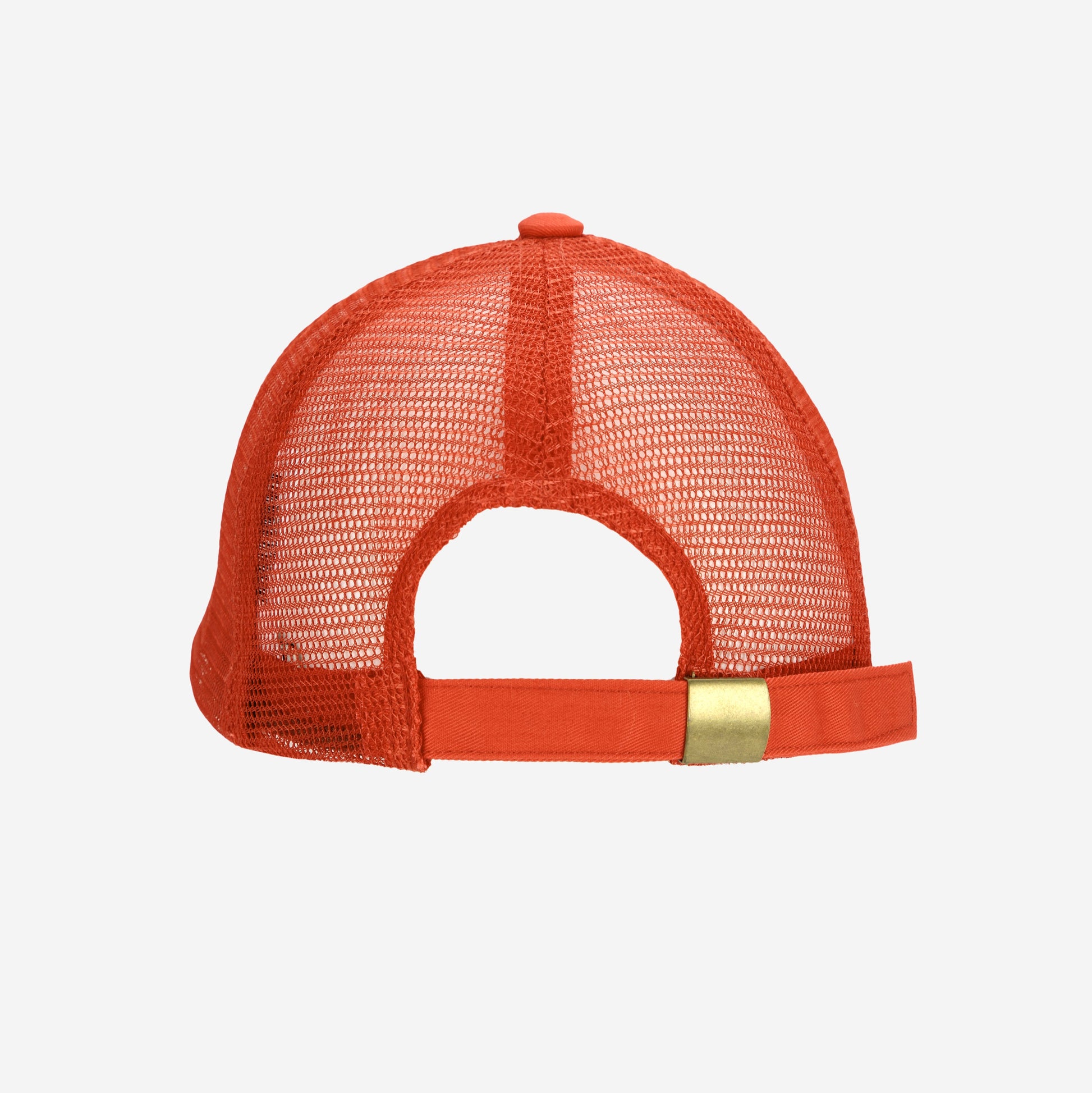 The back view of the Bobo Choses "Hello Joy" mesh cap, showcasing the full orange mesh design, an open-back style, and an adjustable strap with a metallic buckle.