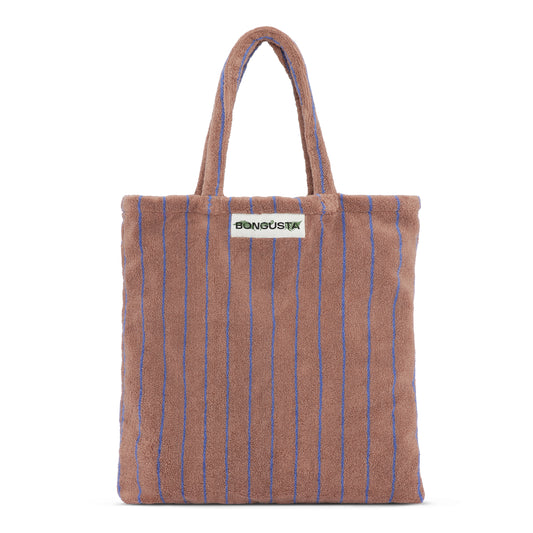 A brown and thin neon blue striped striped classic tote bag, made of towelling fabric with a brown and thin neon blue striped handle. At the top of the bag it says BONGUSTA in black inside of a cream box with green and lilac flowers coming off the words bongusta. 