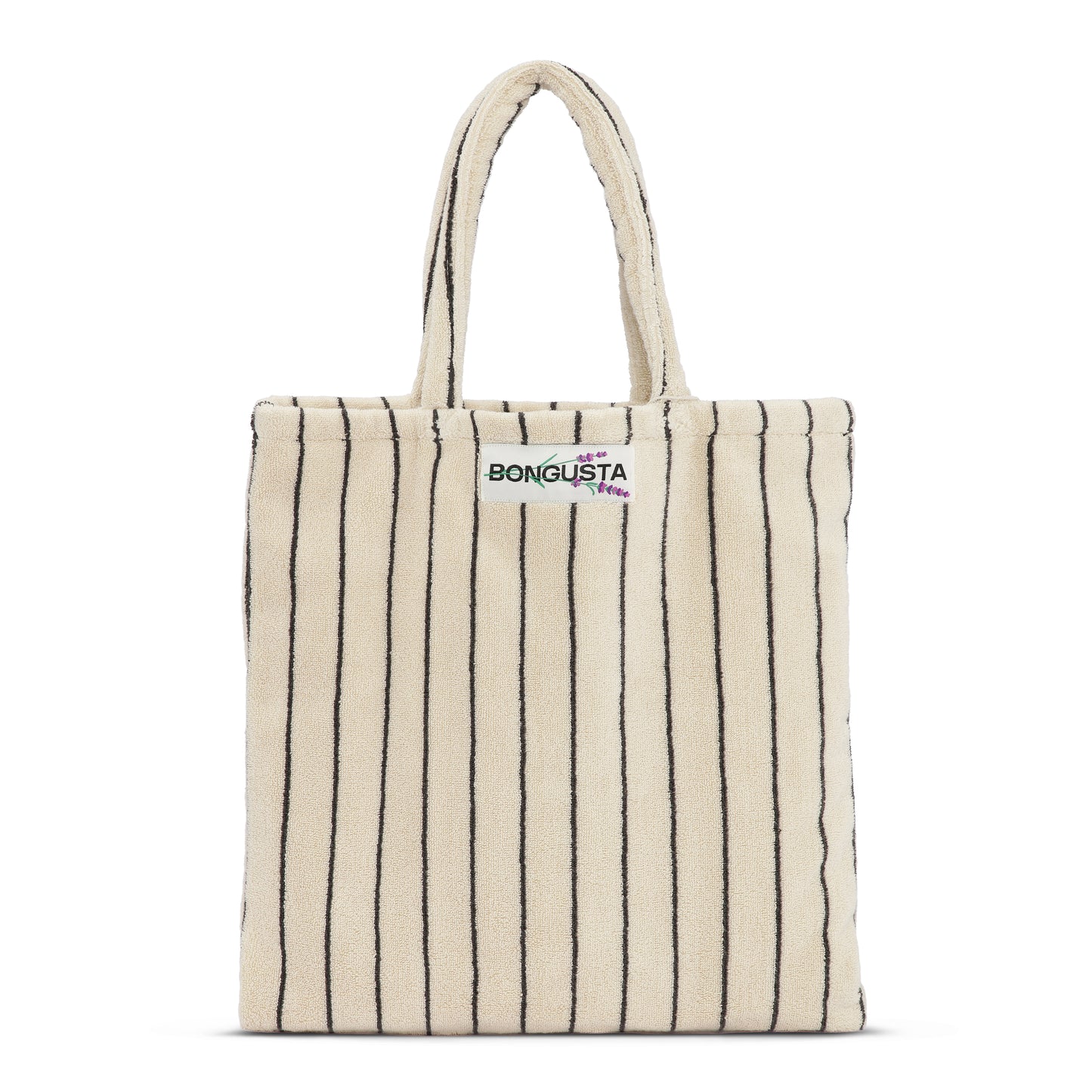 A cream and thin black striped classic tote bag, made of towelling fabric with a  cream and thin black striped handle. At the top of the bag it says BONGUSTA in black inside of a cream box with green and lilac flowers coming off the words bongusta. 