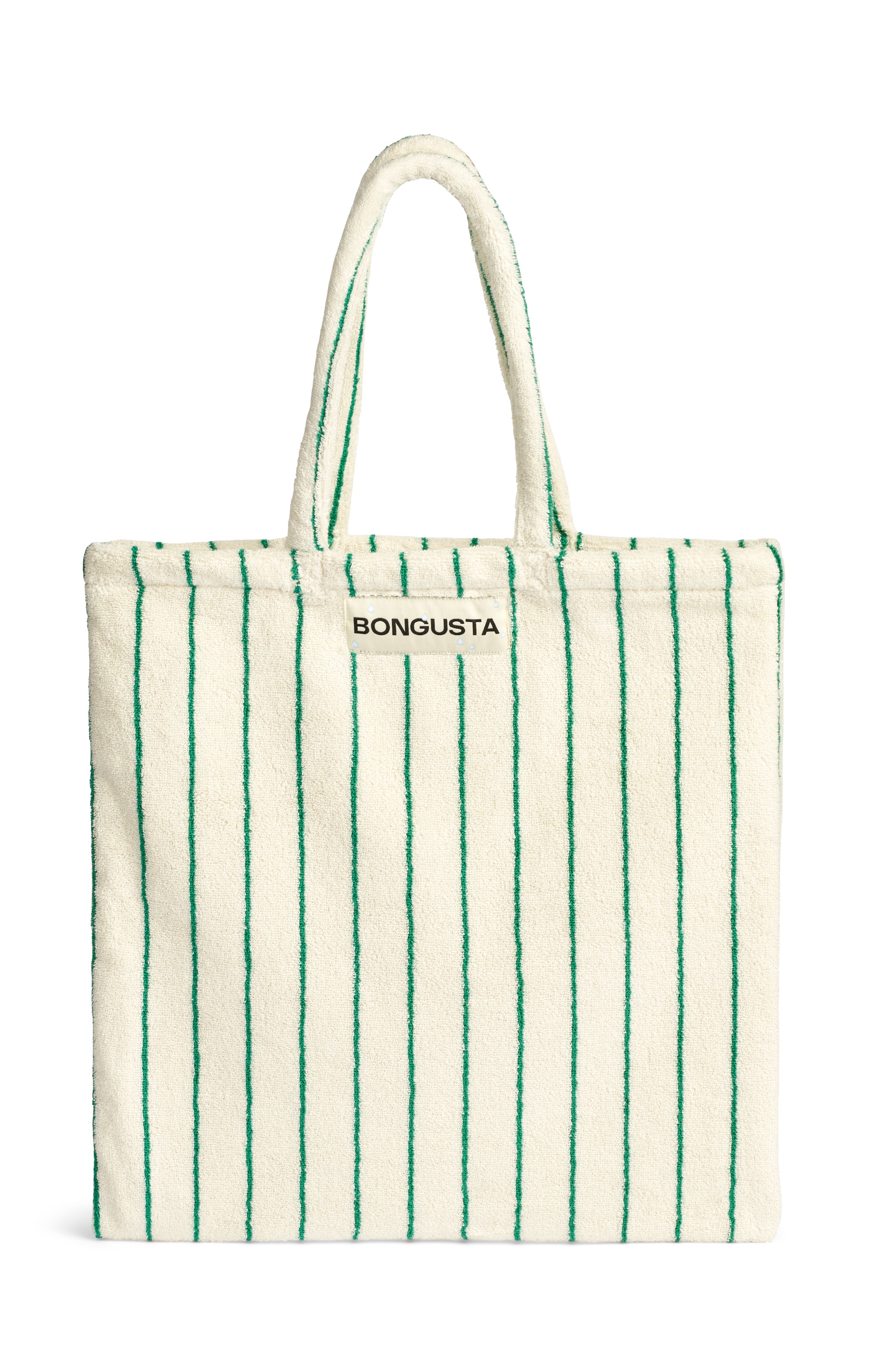 A cream and thinly green striped classic tote bag, made of towelling fabric with a long cream and thinly green striped handle. At the top of the bag it says BONGUSTA in black inside of a cream box. 