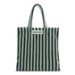 A light and dark green striped classic tote bag, made of towelling fabric with a long light and dark green striped handle. At the top of the bag it says BONGUSTA in black inside of a cream box with green flowers coming off the words bongusta. 