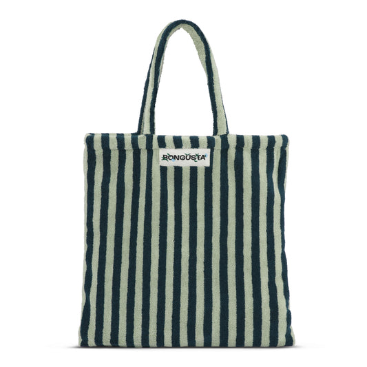 A light and dark green striped classic tote bag, made of towelling fabric with a long light and dark green striped handle. At the top of the bag it says BONGUSTA in black inside of a cream box with green flowers coming off the words bongusta. 