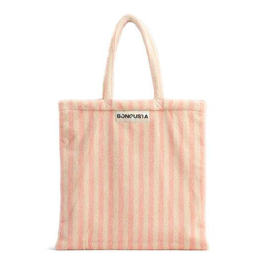 A cream and pink striped classic tote bag, made of towelling fabric with a long pink and cream handle. At the top of the bag it says BONGUSTA in black inside of a cream box. 