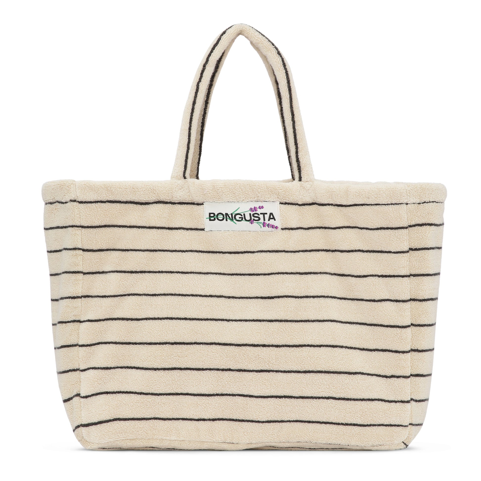 A cream weekend style tote  bag with thin black stripes, made of towelling fabric with a long cream and black striped handle. At the top of the bag it says BONGUSTA in black with green flowers coming off the letters, inside of a cream box. 