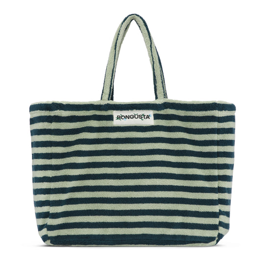 A light and dark green striped large weekend style tote bag, made of towelling fabric with a long light and dark green handle. At the top of the bag it says BONGUSTA in black with green flowers coming out of the words, inside of a cream box. 