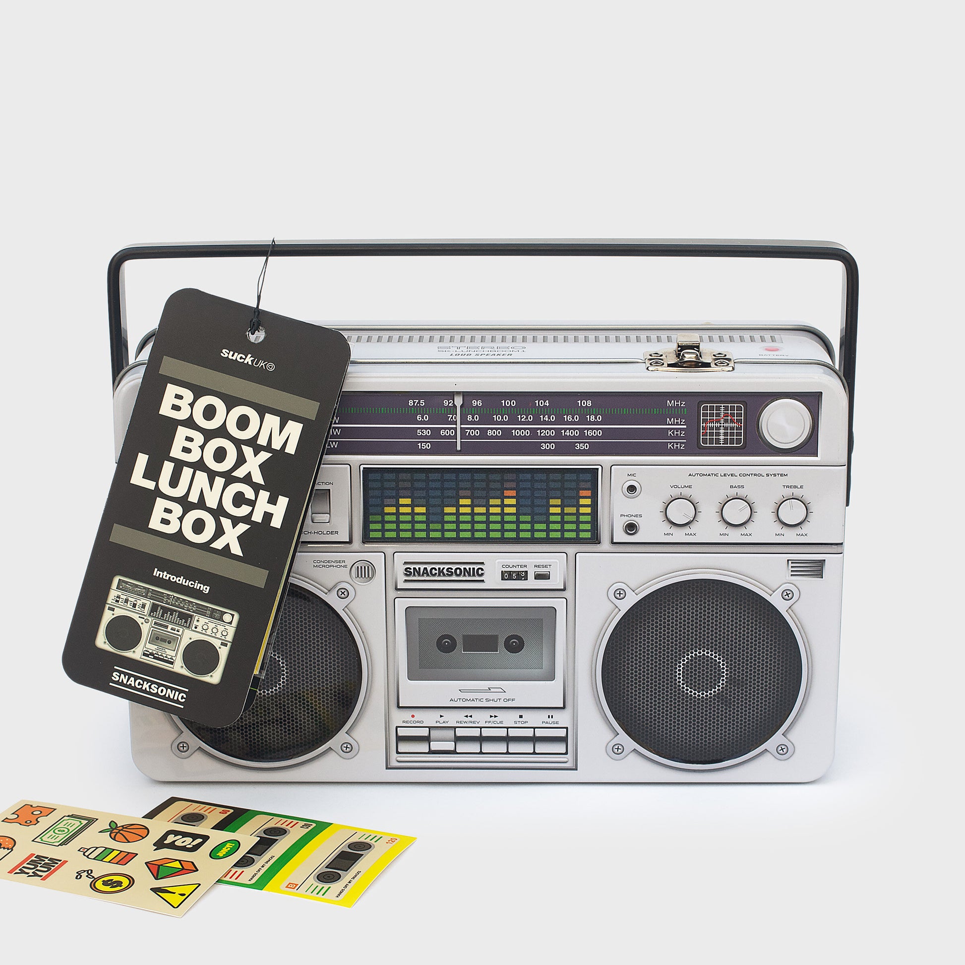 Boombox Lunch Box – retro ghetto blaster-inspired tin lunch box with an animated lenticular graphic equalizer, embossed details, and a realistic carry handle. Includes stickers for personalisation. Perfect for carrying snacks and lunches in style, suitable for both kids and adults.