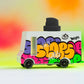 Colorful toy truck with graffiti-style text on a gradient background