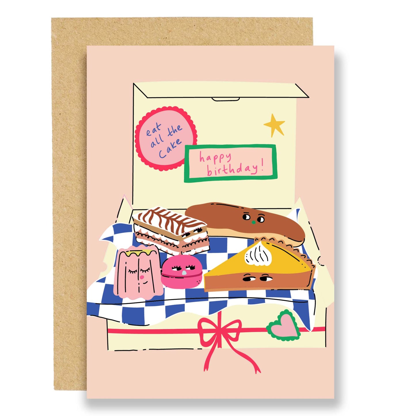 Colourful pastries with eyes, on a blue and white checkered paper in a large box with a pink bow. A circle sticker with "eat all the cake" text on it and a green rectangle with "happy birthday!"