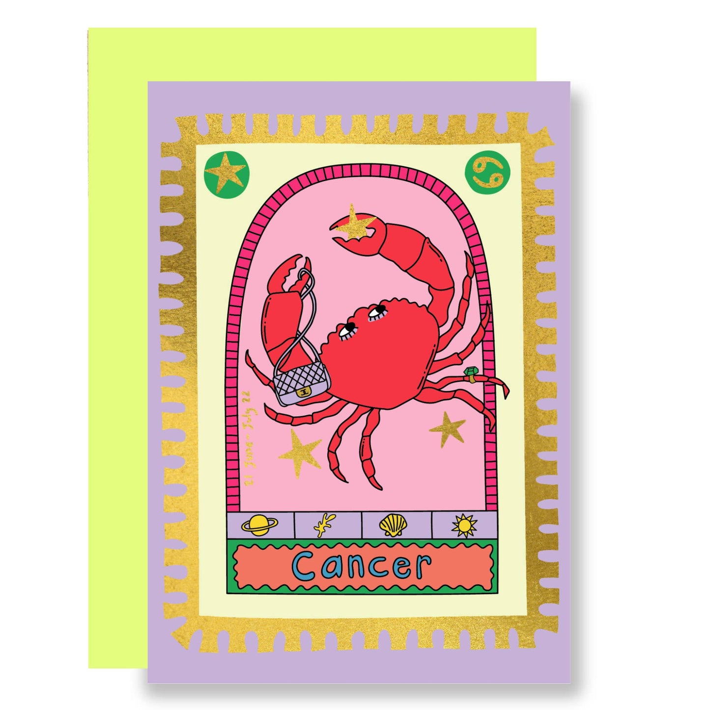 A red crab holding a handbag with a pink background