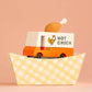 Toy truck with 'Hot Chick' branding on a pink background