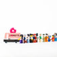 Toy donut truck with a line of small figures on a white background