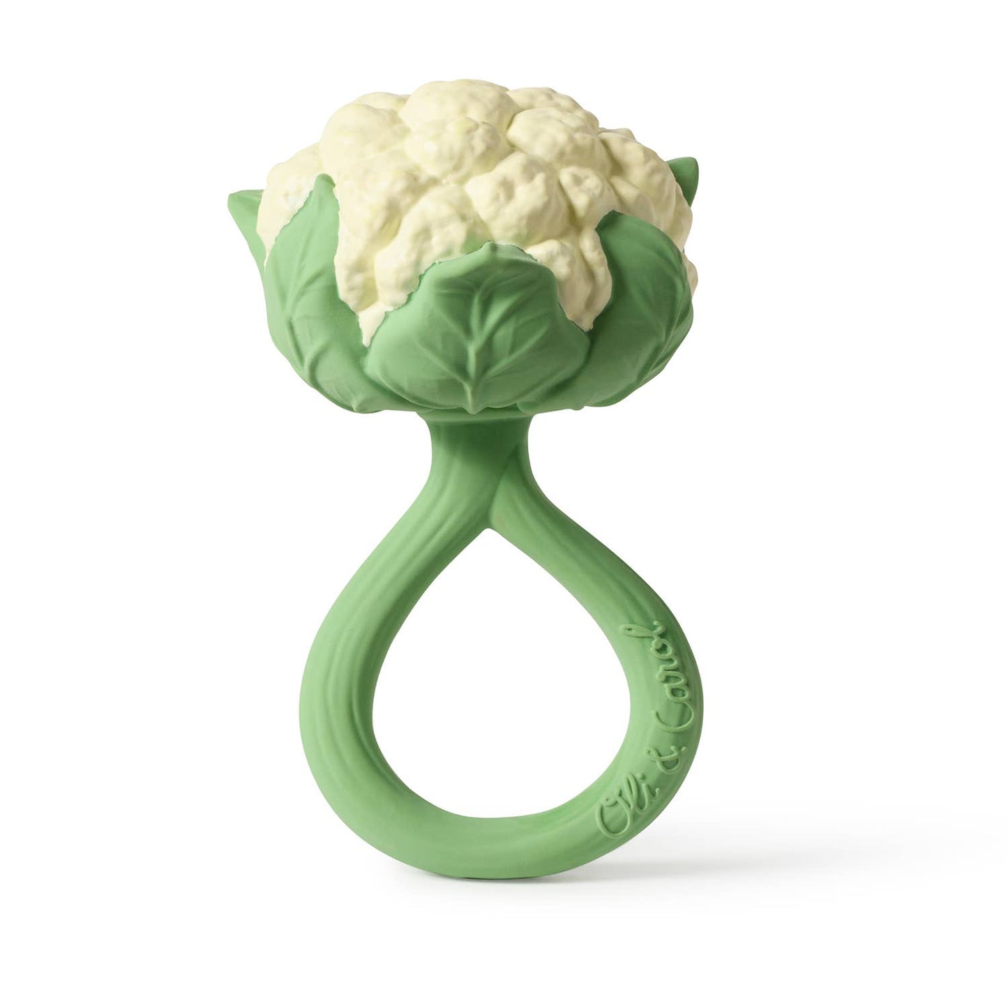 Natural rubber baby rattle shaped like a cauliflower, soft and safe for babies, eco-friendly, and ideal for sensory play and teething.