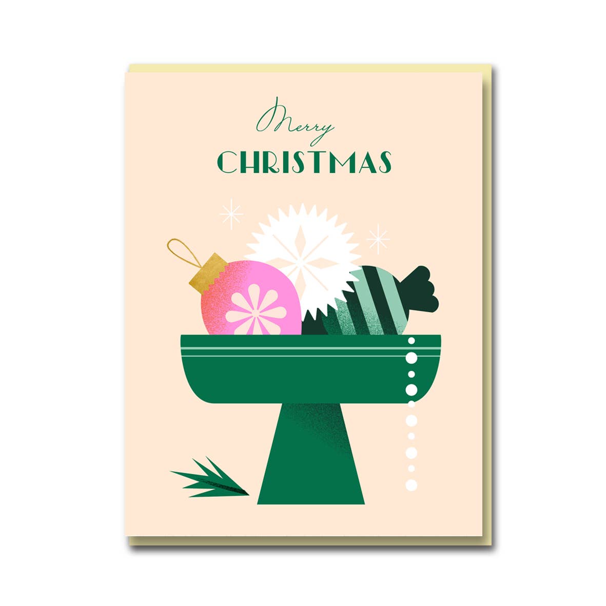 Darling Clementine Christmas card set with pink baubles, snowflakes, and gold foil accents. Includes 8 blank cards and cream envelopes in a handcrafted cream gift box.