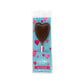 A milk chocolate lollipop in the shape of a heart on a white stick in a cellophane bag with a card insert that is blue with pink hearts printed all over it 