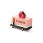 Toy donut truck with a pink body and red donut on top against a white background