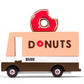 Toy truck with 'DONUTS' and a donut on top against a white background