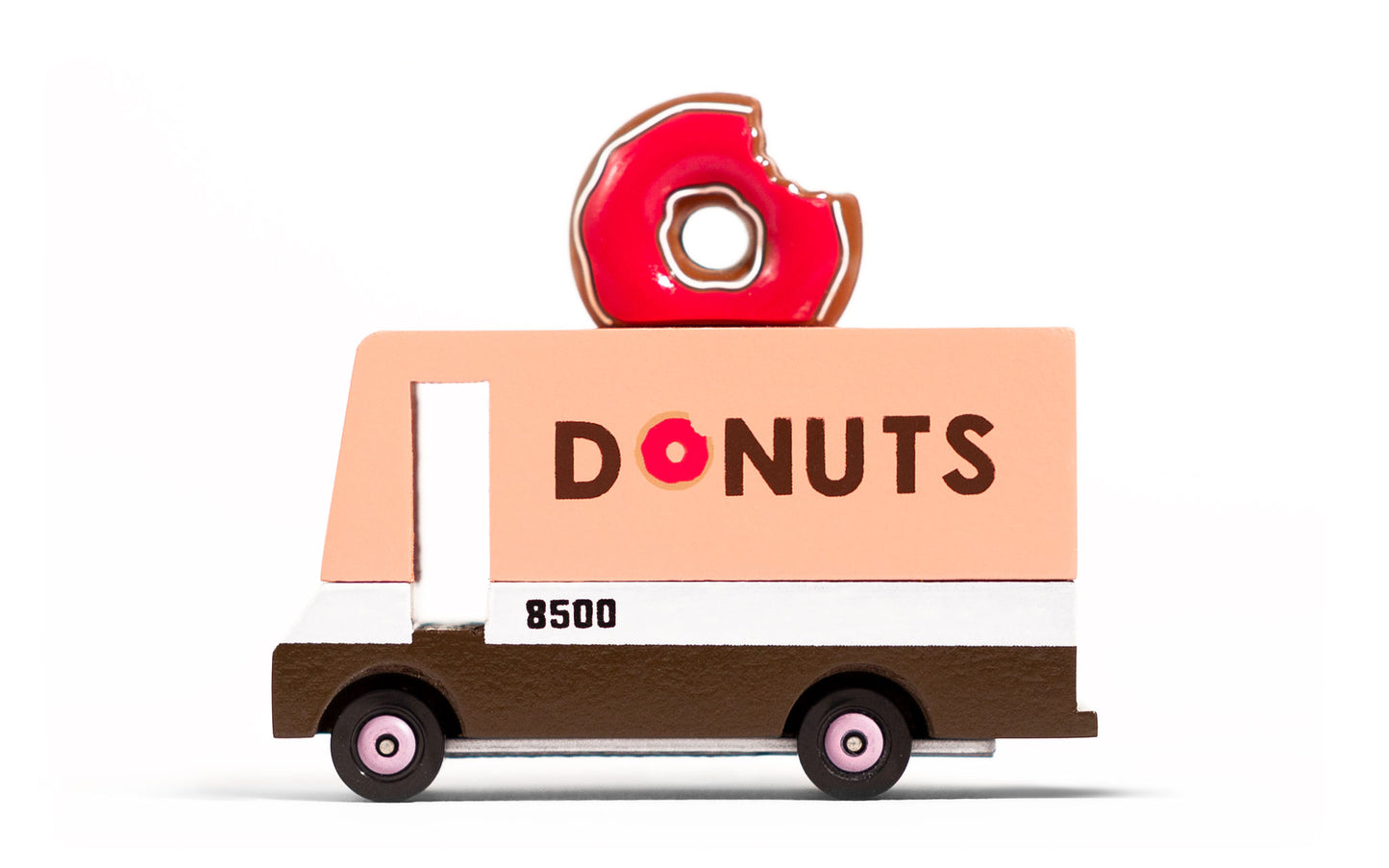 Toy truck with 'DONUTS' and a donut on top against a white background