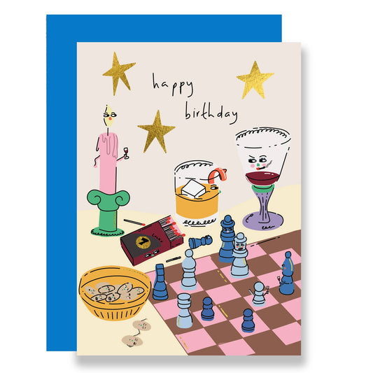 Eat the Moon - Chess party and drinks birthday card, gold foil
