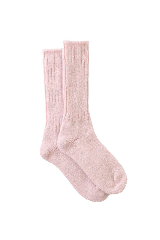 A flat lay of a pair of Baby Pink Mohair ankle socks layered one on top of the other, with a chunky ribb pattern