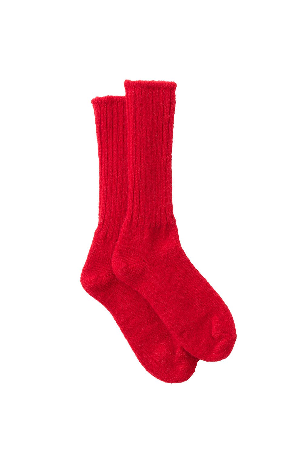 a pair of red ankle mohair socks layered on top of one another, with a chunky ribb texture